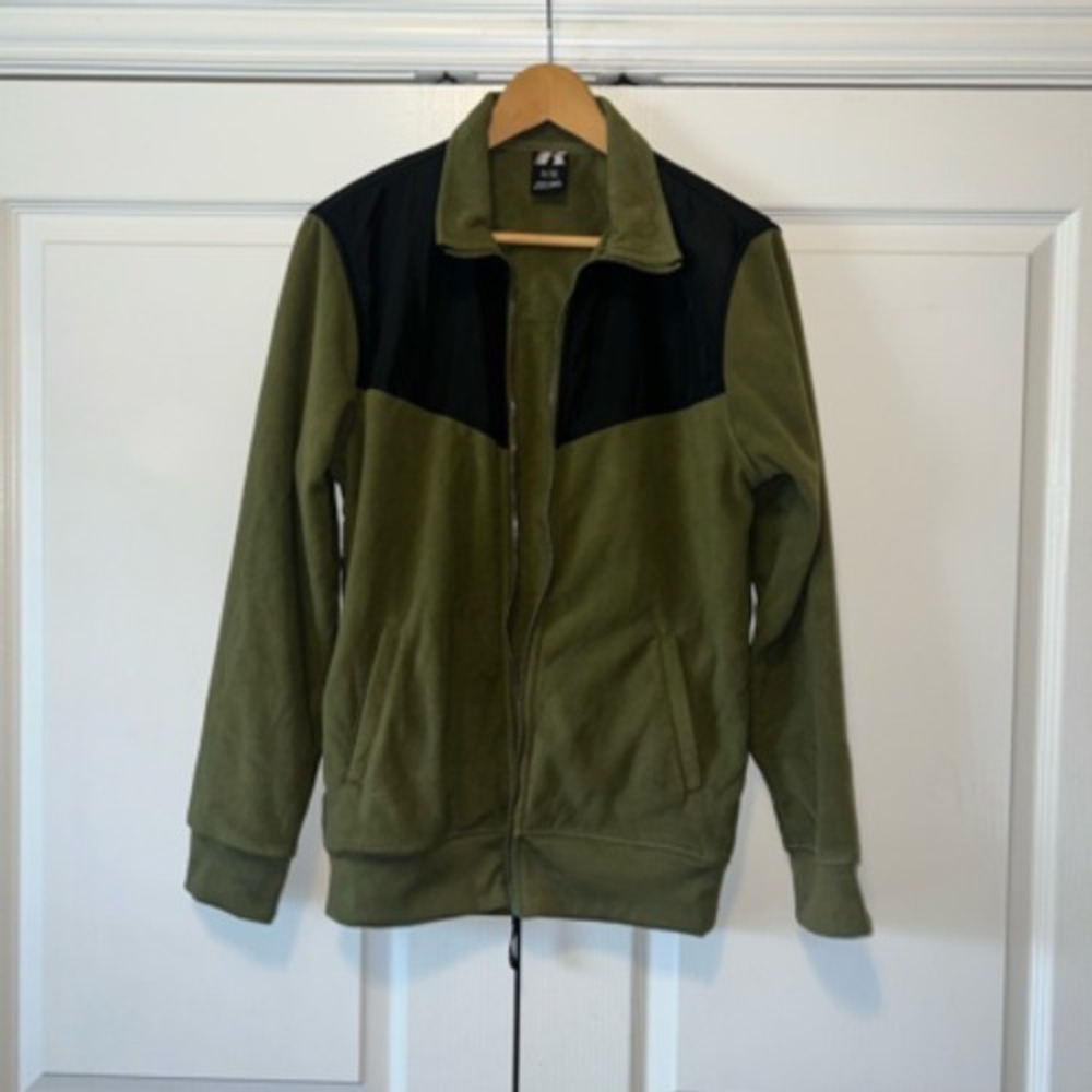 Russell Fleece Jacket Mens S Green Black Full Zip Collared Waist Length